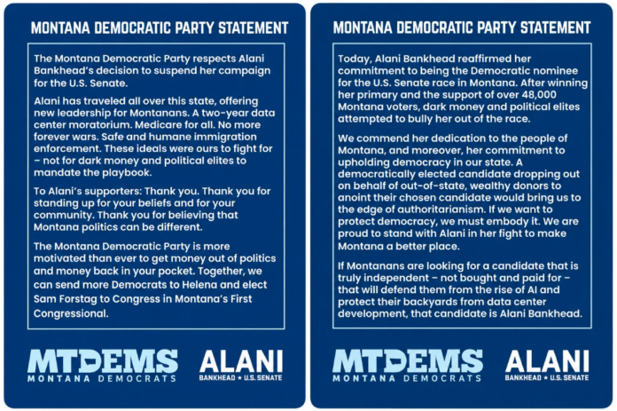 The Montana Democratic Party published a statement praising Democrat Alani Bankhead for suspending her Senate campaign before she had actually done so